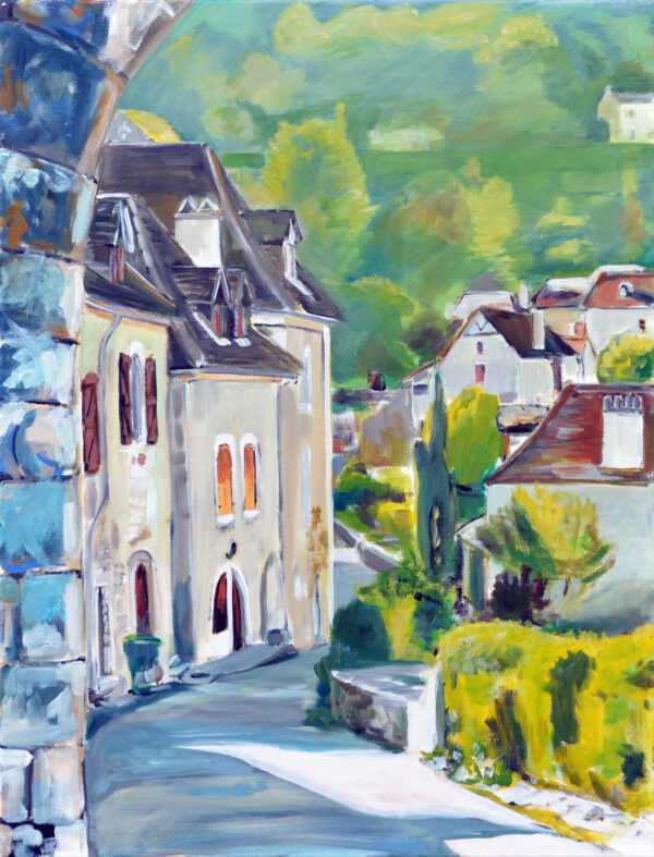 Painting of Medieval French Village Saint Cirq Lapopie by Modern British Artist
