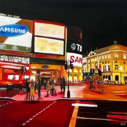 Piccadilly Circus in London City at Night with Red Bus