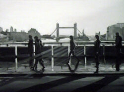 Black & White Painting of People in Sunshine on London Bridge with Tower Bridge