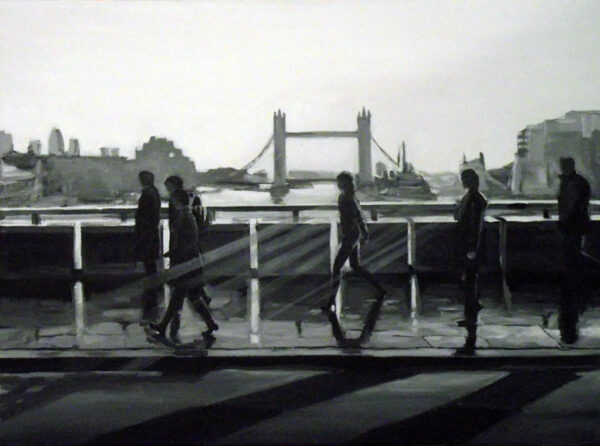 Black & White Painting of People in Sunshine on London Bridge with Tower Bridge