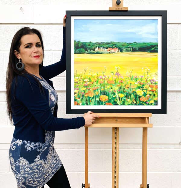 Painting of a French Chateau & Wild Flowers in a Field by English Landscape Artist, Angela Wakefield