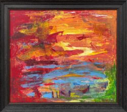 Abstract Blue Orange & Red Lake Sunset Landscape