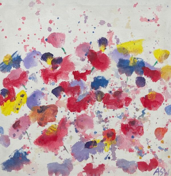 Abstract Red Blue Yellow Flower Design on White