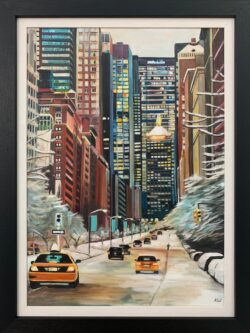 Painting of New York City Taxis in Winter Snow