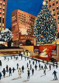 Miniature Original Painting of Ice Skating, Christmas in New York City