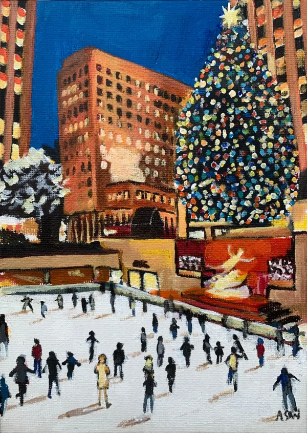 Miniature Original Painting of Ice Skating, Christmas in New York City