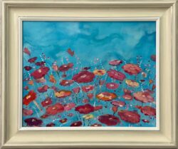 Abstract Landscape Art with Red & Pink Flowers on an Abstract Blue Background