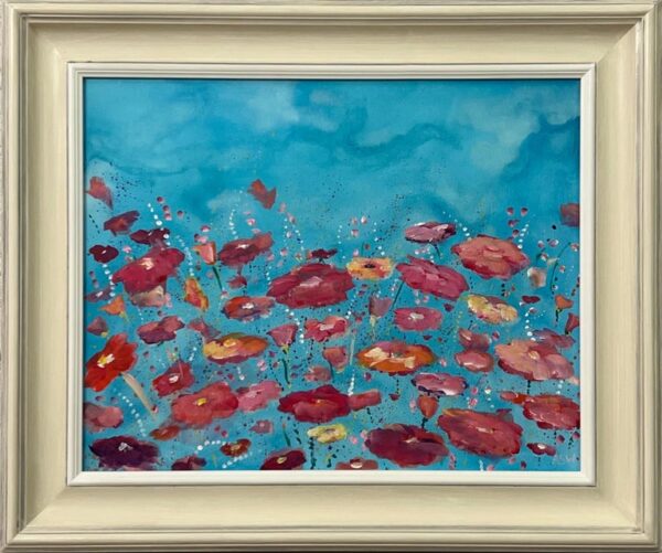 Abstract Landscape Art with Red & Pink Flowers on an Abstract Blue Background
