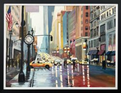Large Painting of Classic New York City in Rain with Figures