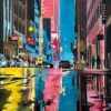 Painting of New York City Street after Rain with Figures, Cars by British Artist - Image 6
