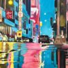 Painting of New York City Street after Rain with Figures, Cars by British Artist - Image 13