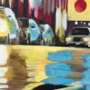 Painting of New York City Street after Rain with Figures, Cars by British Artist - Image 17