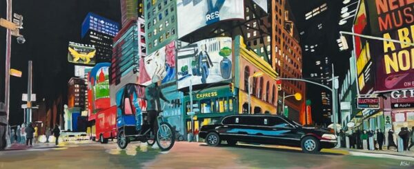 New York City Panoramic Street Scene with Limousine and Neon Lights in the Rain