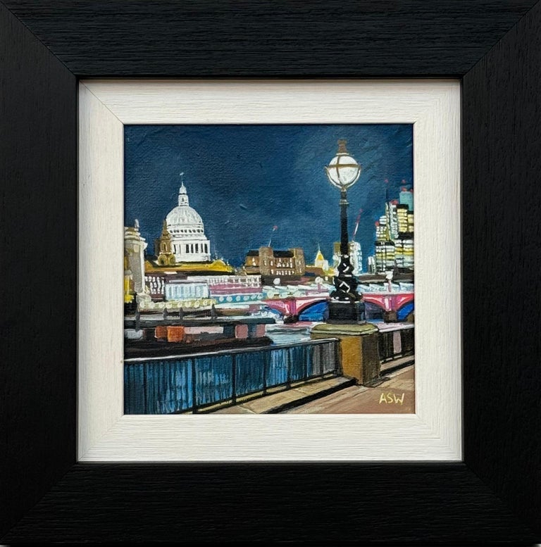 Miniature Painting of Victoria Embankment London & St Pauls Cathedral at Night
