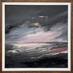 Atmospheric Pink & Black Seascape Beach Landscape, Oil on Canvas, British Artist