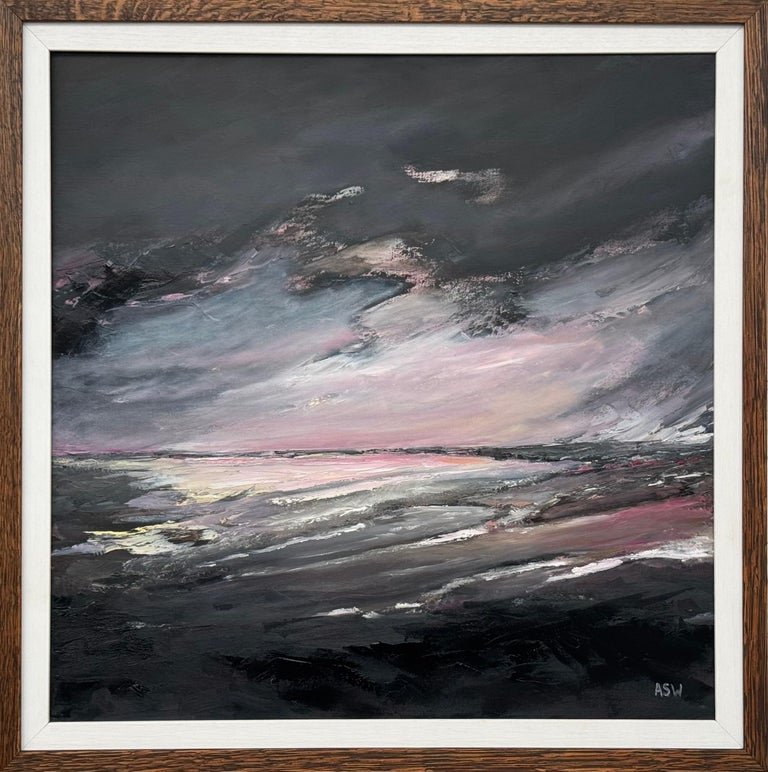 Atmospheric Pink & Black Seascape Beach Landscape, Oil on Canvas, British Artist