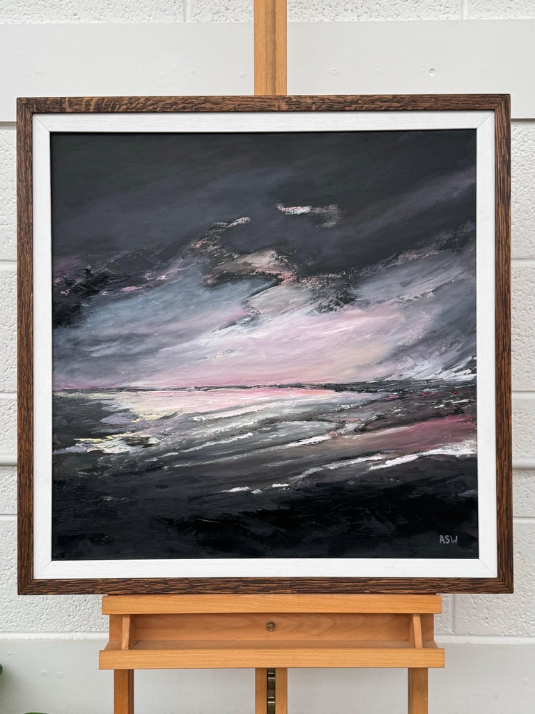 Atmospheric Pink & Black Seascape Beach Landscape, Oil on Canvas, British Artist - Image 3