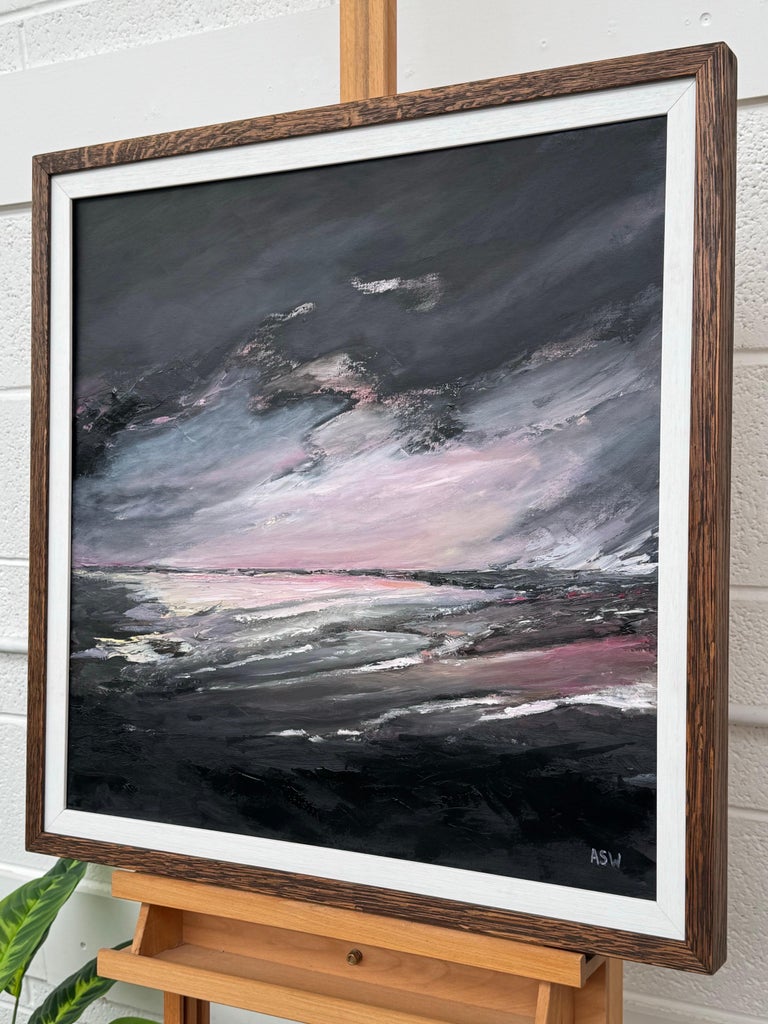 Atmospheric Pink & Black Seascape Beach Landscape, Oil on Canvas, British Artist - Image 4