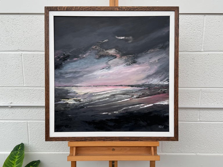 Atmospheric Pink & Black Seascape Beach Landscape, Oil on Canvas, British Artist - Image 5
