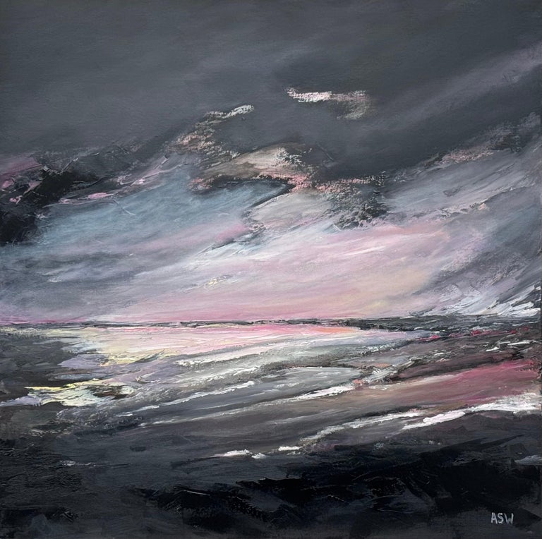 Atmospheric Pink & Black Seascape Beach Landscape, Oil on Canvas, British Artist - Image 6