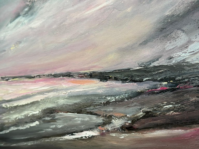 Atmospheric Pink & Black Seascape Beach Landscape, Oil on Canvas, British Artist - Image 7