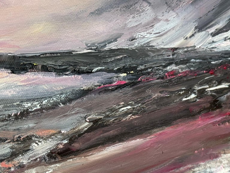 Atmospheric Pink & Black Seascape Beach Landscape, Oil on Canvas, British Artist - Image 11