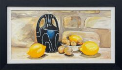 Still Life Painting with Modern Vase, Lemons & Walnuts on a Farmhouse Stone Wall