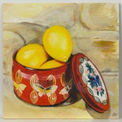 Still Life Painting with Lemons and Vintage Red Tin