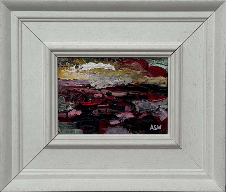 Miniature Textured Abstract Landscape Art in Pink, Black & Teal Colours - Image 2